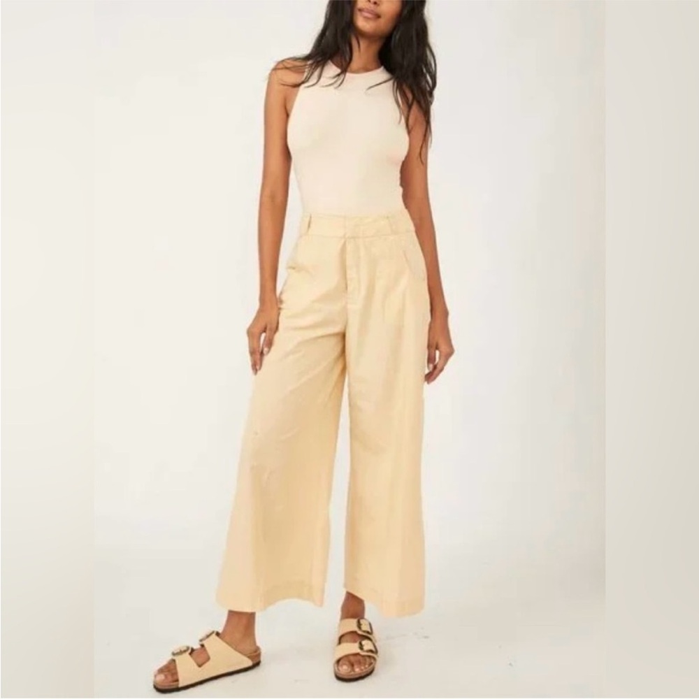 Free People Menorca Light Beige Wide Leg High-Rise Trousers